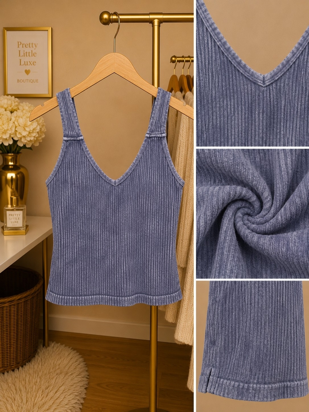 V-Neck Ribbed Tank Top - Blue Small